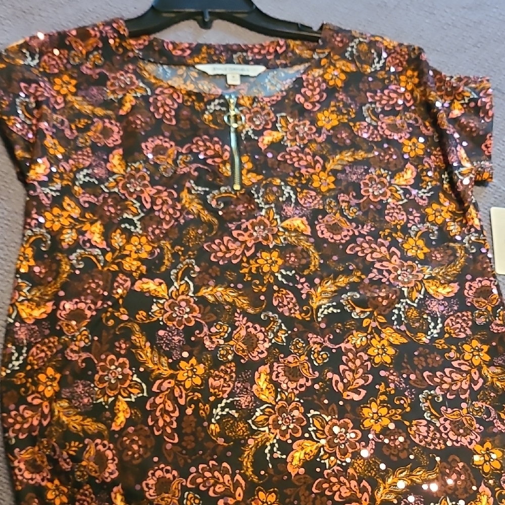 Brown and Orange Sequin Embellished Cap Sleeve Blouse